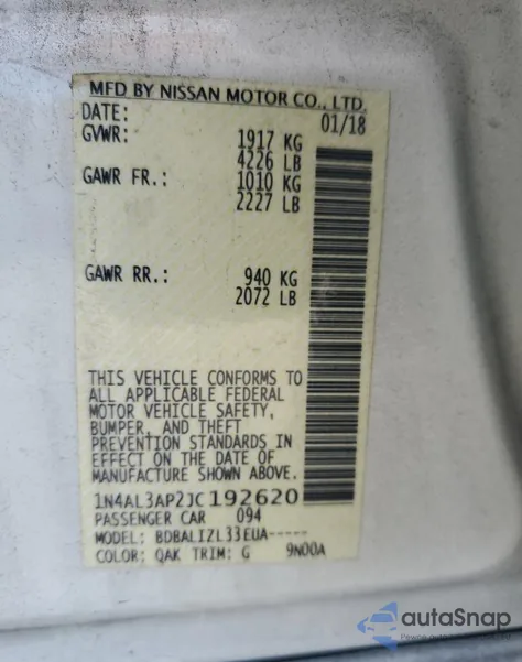 2018 Nissan Altima 2.5 from USA, damaged, VIN 1N4AL3AP2JC192620